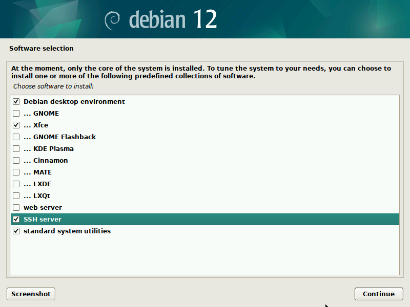 Debian setup screen