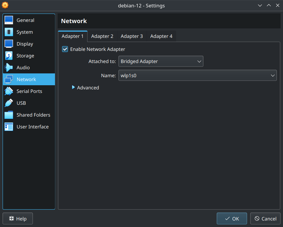Bridged network VM setup screen